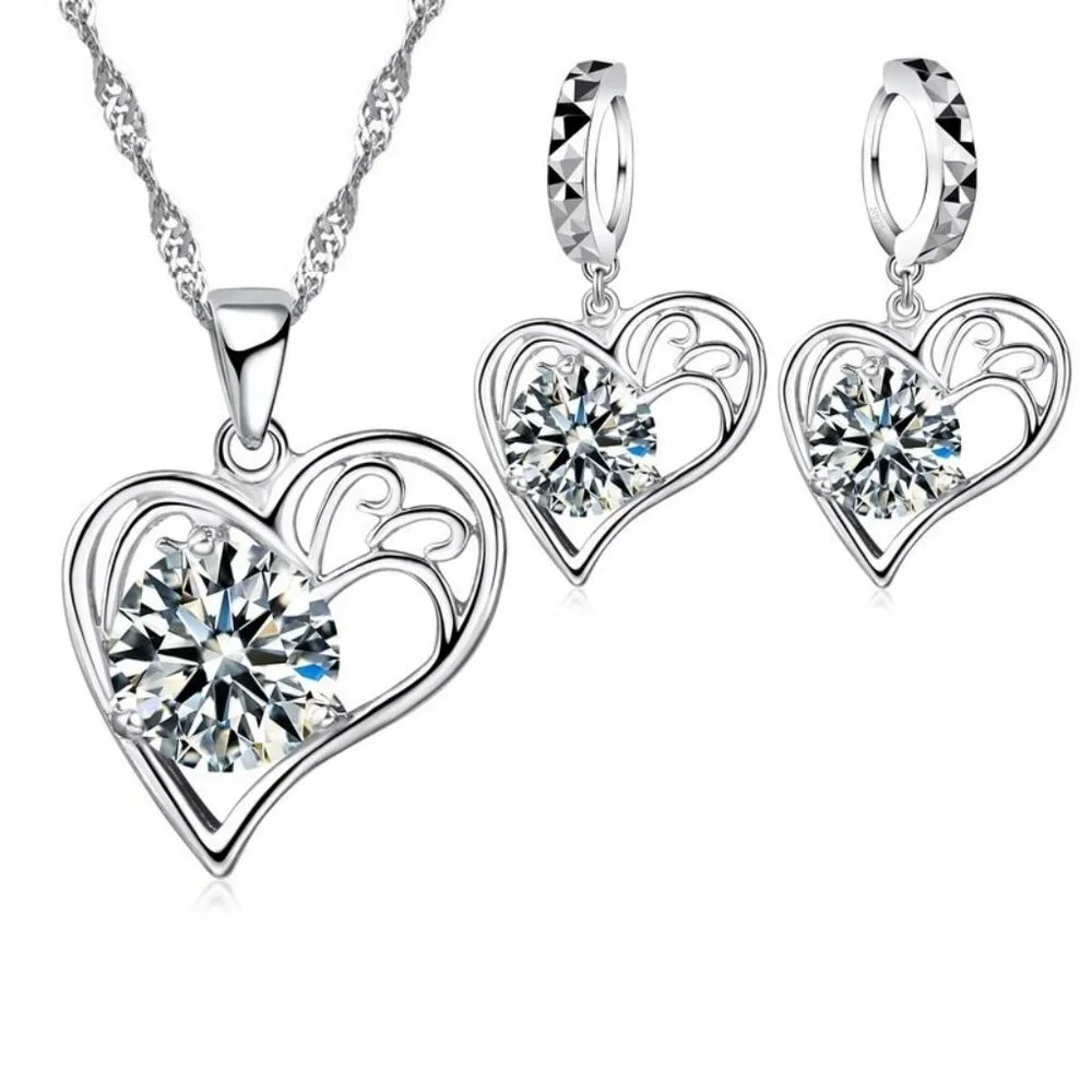 NEW 💎 925 Sterling Silver Earrings With Necklace Set Bundle Heart Gift - Picture 1 of 4